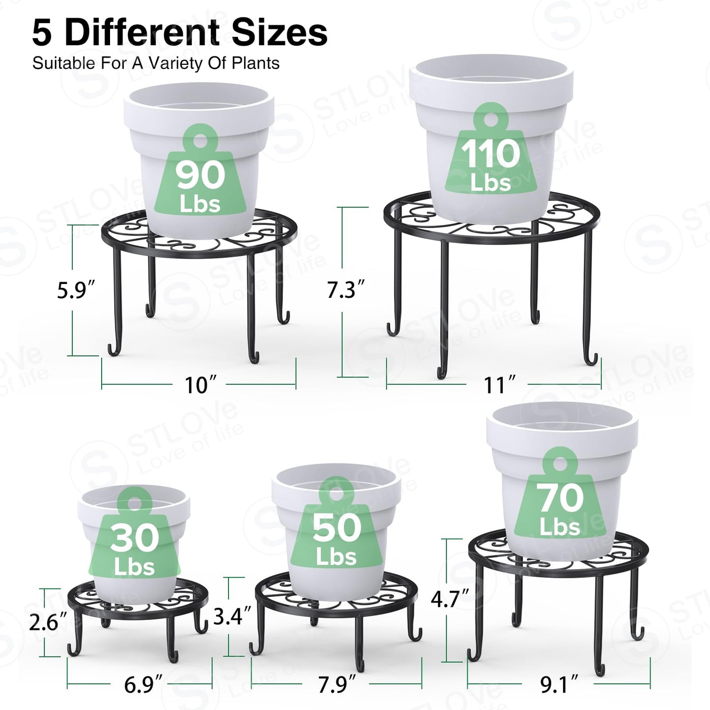 STLOVe® flower stand, 5 piece plant stand metal, black flower pot stand, drink dispenser stand, balcony short stand for garden home decor- various heights