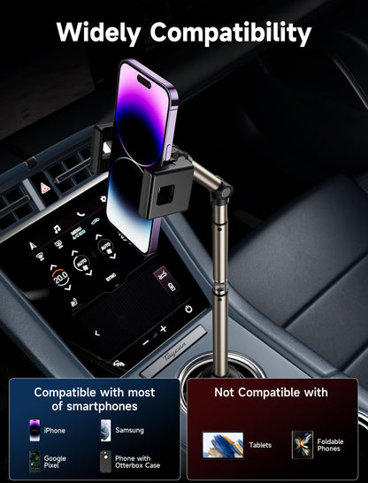 JSAUX car cup holder phone mount, metal long arm stable phone holder for car - adjustable for iPhone 16 15 Pro Max 13 12 11, Samsung Galaxy S24 S23 Ultra, Google Pixel 9 Pro