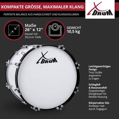 XDrum MBD-226 Marching Bass Drum, Football Drum 26" x 12" (10.5 kg, 4 eyelets, tension rods, includes pair of mallets, carrying straps, tuning key) white