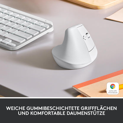 Logitech Lift Vertical Ergonomic Mouse, Wireless, Bluetooth or Logi Bolt USB Receiver, Quiet Clicks, 4 Buttons, Compatible with Windows/macOS/iPadOS, Laptop, PC - White