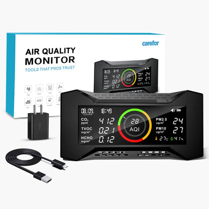 Therm La Mode air quality monitor, CO2 monitor room air with TVOC PM2.5 PM10 AQI HCHO Temp. Humidity AQI, air quality monitor & air quality detector with NDIR sensor carbon dioxide monitor
