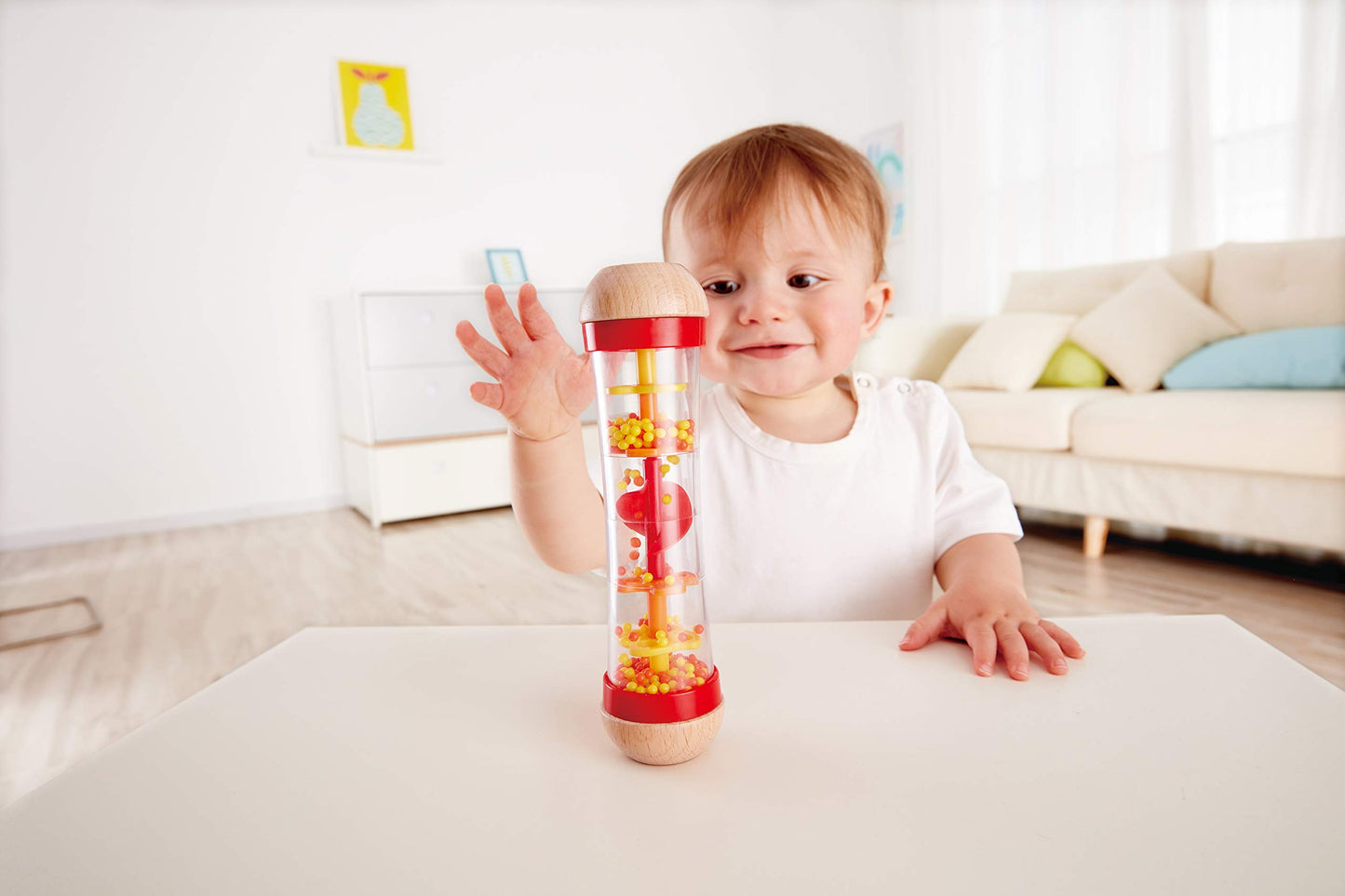 Hape Suction Cup Rattle Set | THREE aquatic animals with teething elements | Educational toy set for babies & Rainmaker | Mini wooden rattle Rainmaker toy, Red