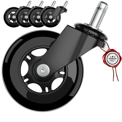 XeloTech hard floor casters for office chair, 5 pieces, 11mm x 22mm, Black Edition. Very quiet office chair casters - No need for floor mat - No scratches on the floor with these premium casters.