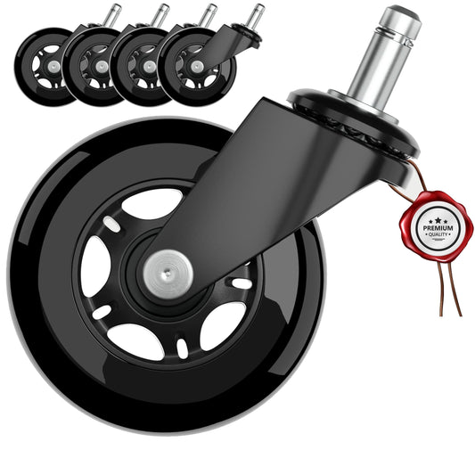 XeloTech hard floor casters for office chair, 5 pieces, 11mm x 22mm, Black Edition. Very quiet office chair casters - No need for floor mat - No scratches on the floor with these premium casters.