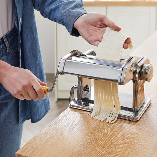 MONZANA® Manual Pasta Maker Stainless Steel 9 different dough thicknesses 2 dough rollers table clamp crank Spaghetti ribbon noodles lasagna kitchen pasta silver