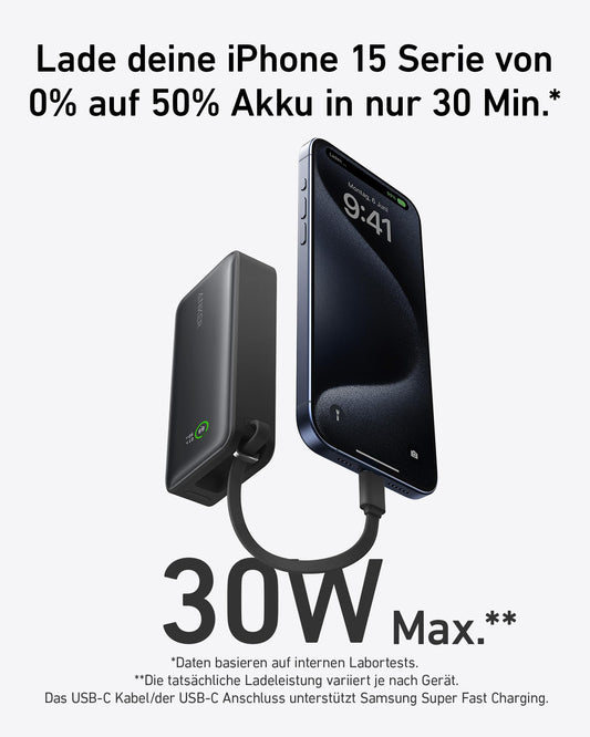 Anchor Nano Powerbank, 10,000mAh power bank with built-in USB-C cable, PD 30W maximum power with 1xUSB-C, 1xUSB-A, for iPhone 17/16/15/14, MacBook, Galaxy, iPad, AirPods, and more (Black)