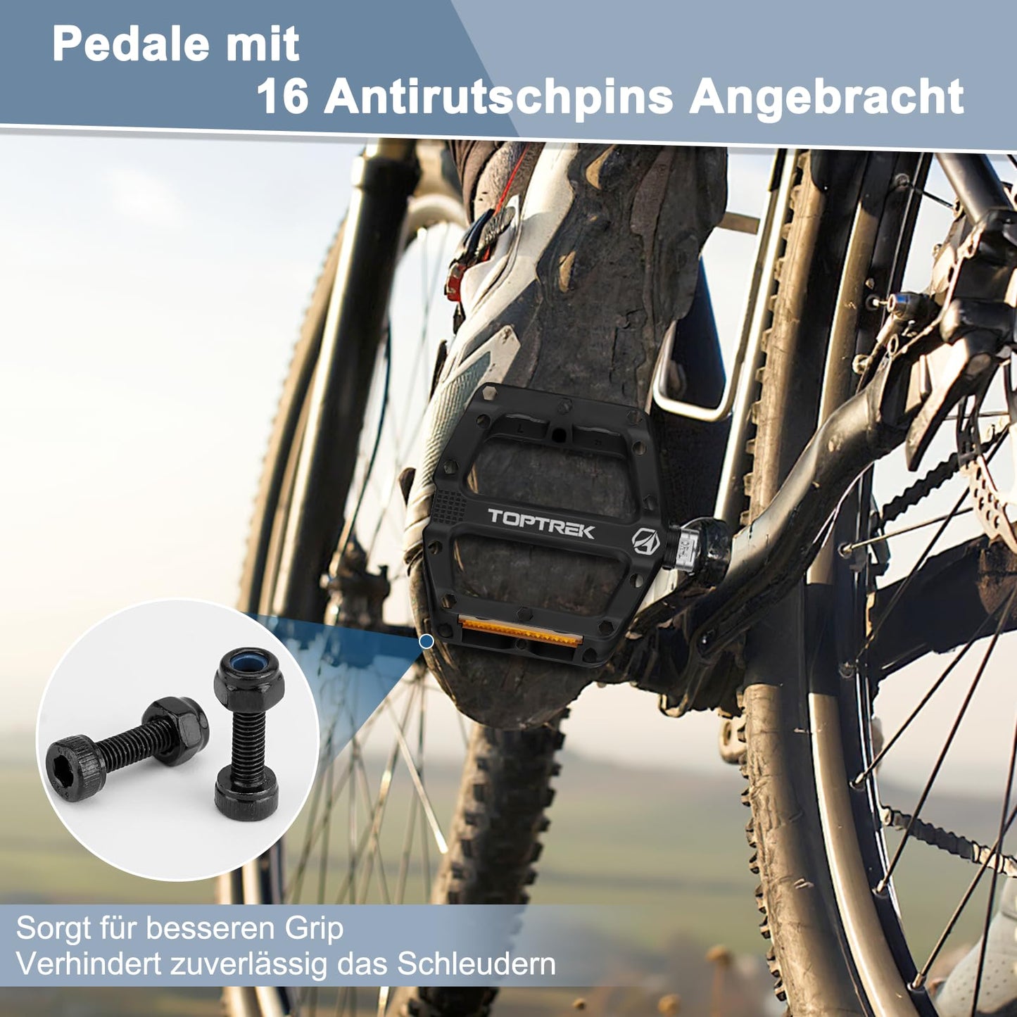 Toptrek bicycle pedals with StVZO reflectors, nylon composite flat pedals, 3 bearing non-slip MTB pedals, 9/16 inch bike pedal set for road bike/mountain bike/trekking/E-bike.