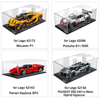 Acrylic display case for Lego 42172 McLaren P1 42143 42096 42156 42115 model cars collectibles, glass showcase acrylic box clear large with wood-plastic base & lights, black interior 60x30x20cm