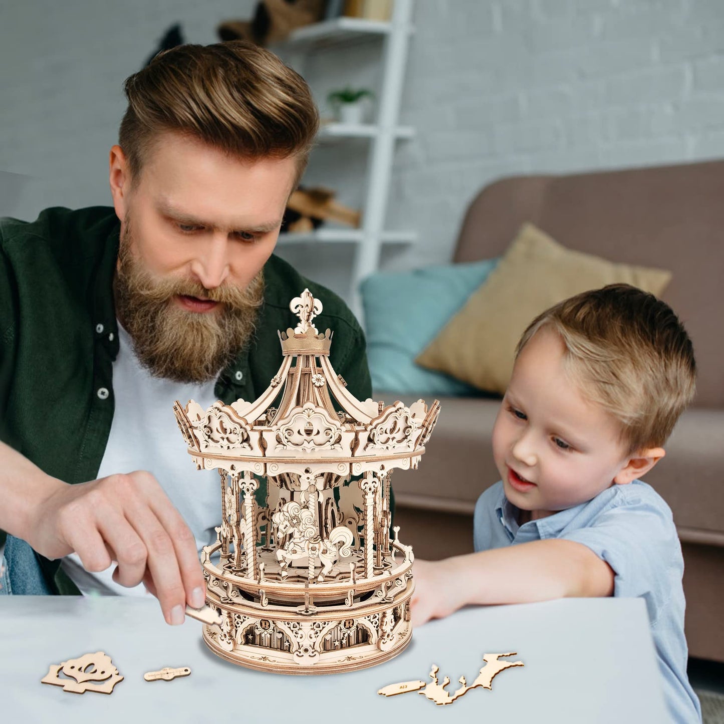 Robotime 3D Puzzle Wooden Carousel, laser-cut model kit for adults, DIY gift for Christmas & birthday gift.