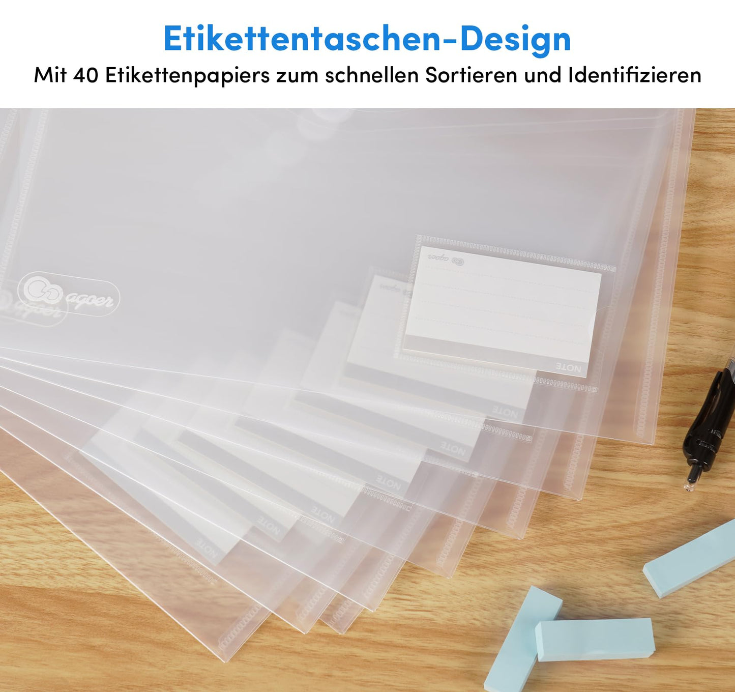 Agoer Velcro Closure Document Bag A4, 40 Pieces Transparent A4 Document Folder With Label Paper for Organizing Documents, A4 Document Bag for School, Home, Office