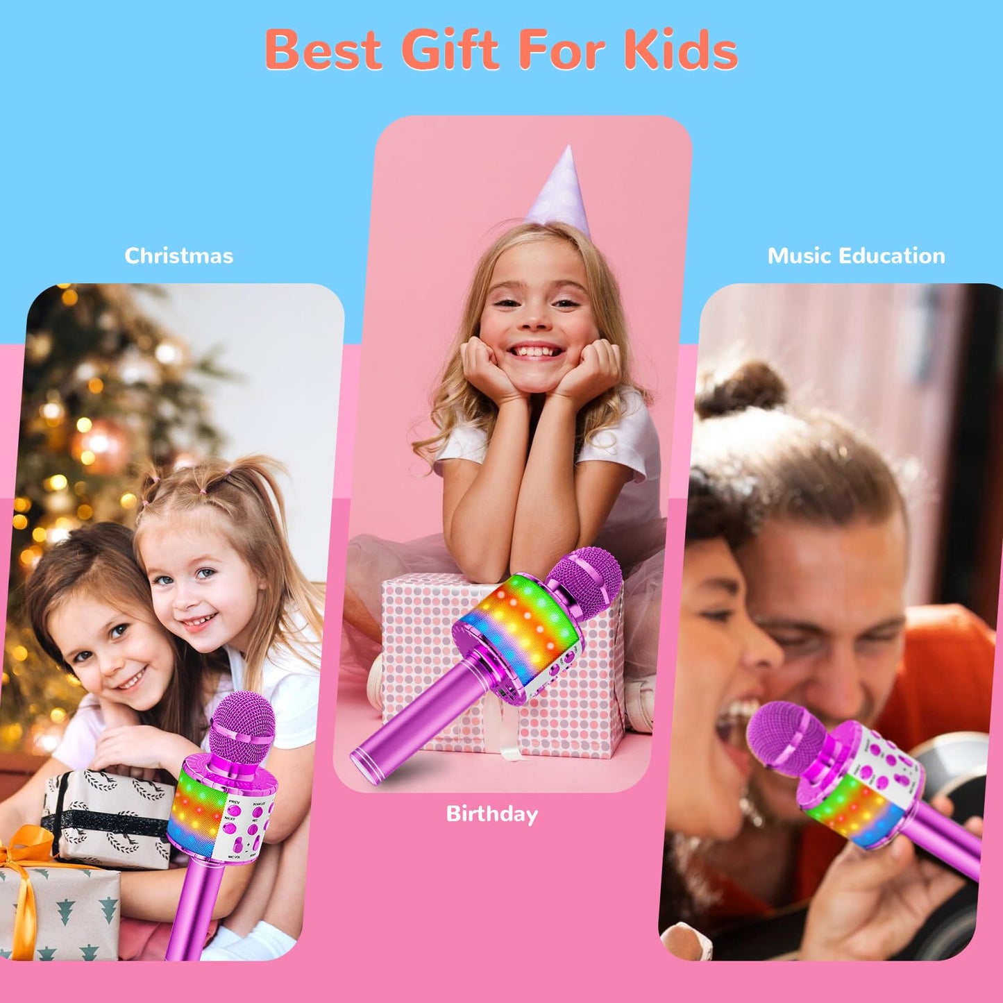 Magic Sing LED Karaoke Microphone for Kids, Wireless Bluetooth Toy for ages 3-12 Girls Gift KTV Speaker with Voice Changer, Home KTV Karaoke Machine for Android, iOS, PC (Purple)