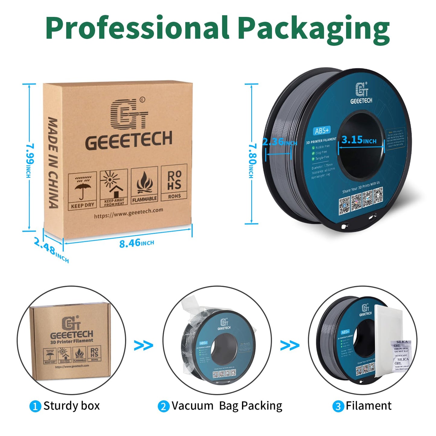 GEEETECH ABS+ Filament 1.75mm, 3D printer filament ABS 1KG spool, dimensional accuracy +/- 0.03mm, Grey