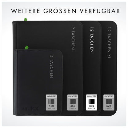 Vault X 12-Pocket Trading Card Binder with Zipper, holds 480 cards, made of premium Exo-Tec material, 20 side-loading pages, collector's album for trading card games, sports cards, TCG (Black)