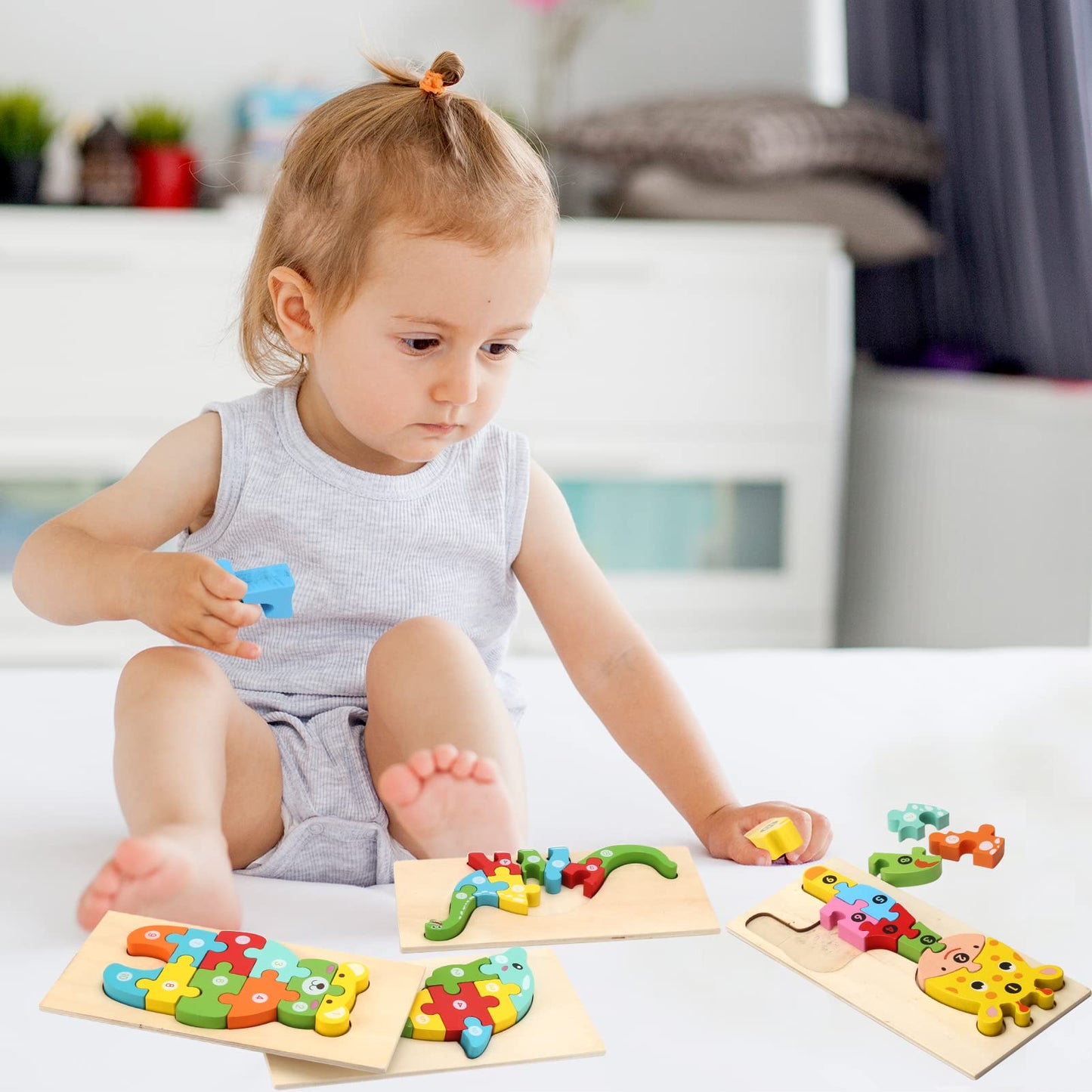 Wooden puzzles for toddlers aged 1-3, Montessori toy for kids aged 2+, educational wooden puzzle game, gift for 1 2 3 year old boys and girls - 4-pack