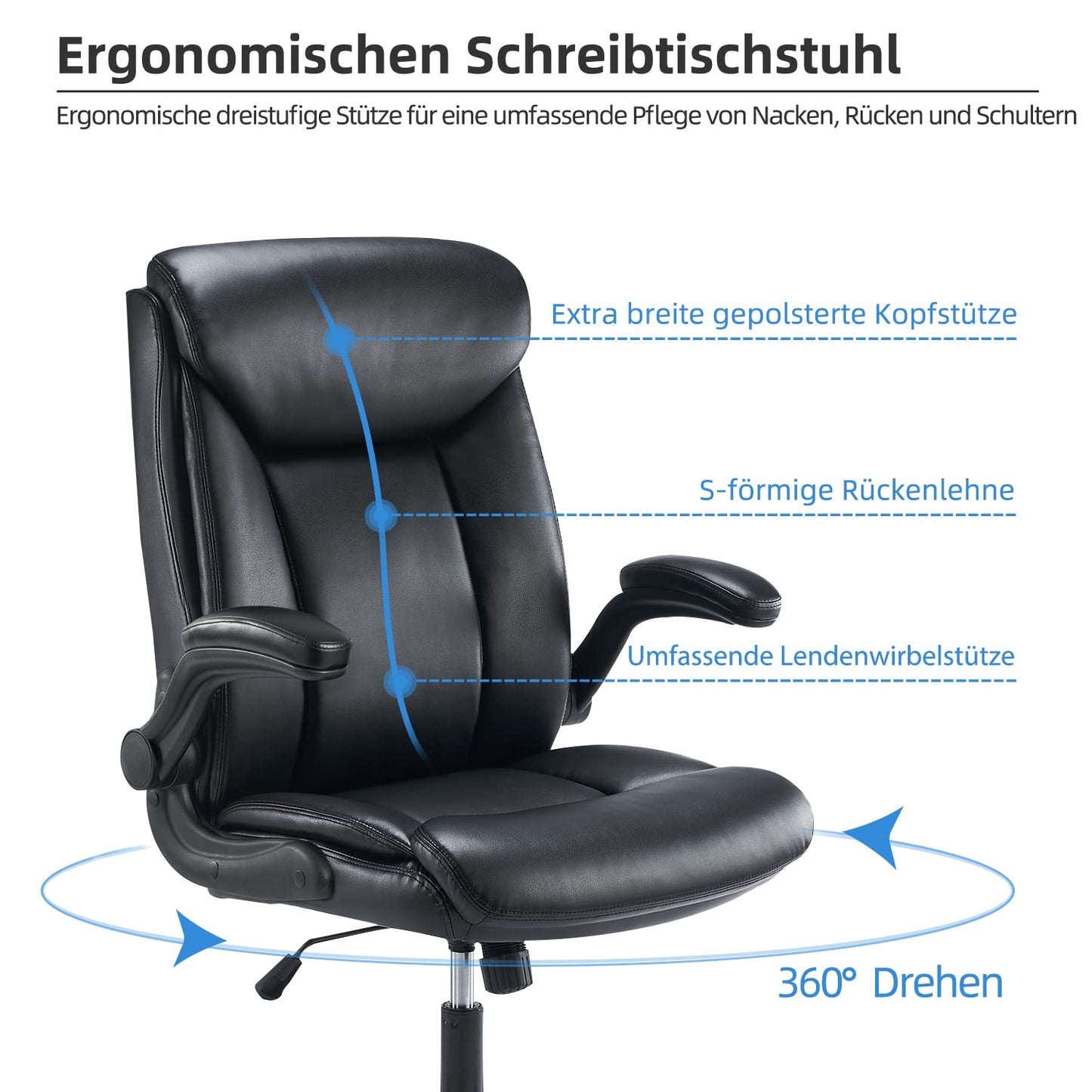 MZLEE Office Chair Ergonomic Desk Chair PU Leather Swivel Chair with Foldable Armrest, Height Adjustable, Comfortable for Office Home Gaming (Black)