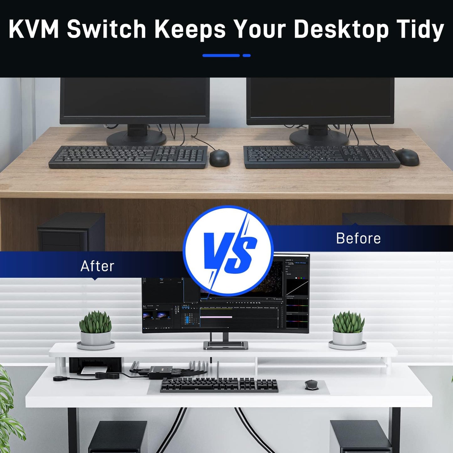 USB3.0 KVM Switch Displayport 2 Ports 4K@144Hz, ESKEVE KVM Switch 2 PC 1 Monitor 8K@30Hz for sharing 1 monitor and 4 USB3.0 devices between 2 PCs. Includes USB cable and desktop controller.