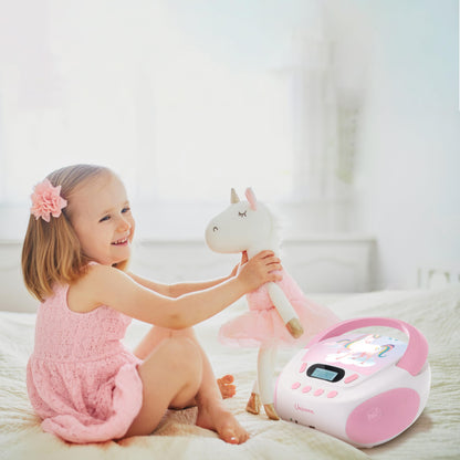 mooov 477407 CD player for kids with speakers, USB, headphone jack, AUX-IN port - Portable boombox CD player - Mains or battery operated - Unicorn design - Pink/white