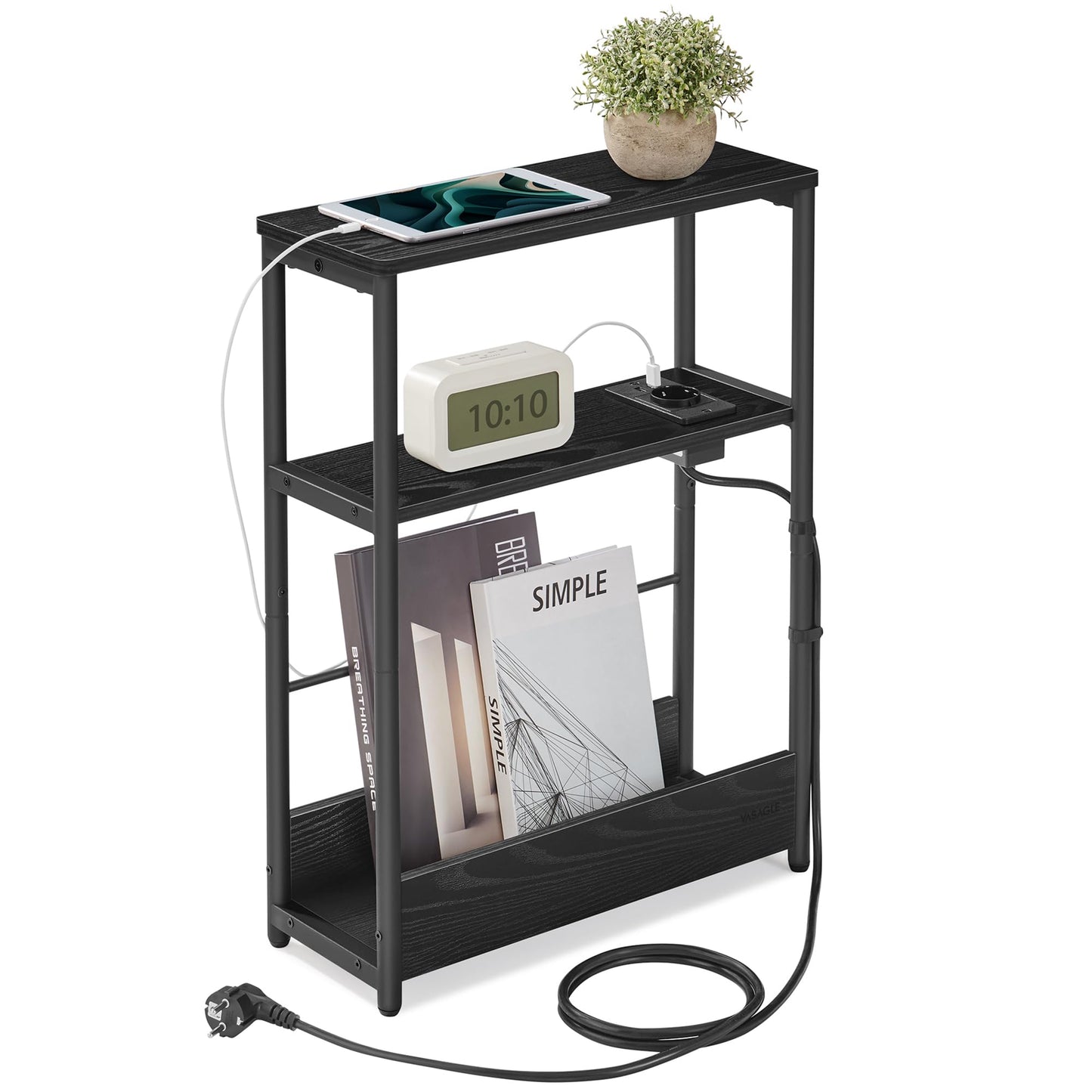 VASAGLE Narrow Side Table, Nightstand with Charging Function, Small Coffee Table, 3 Shelves, Magazine Holder, for Living Room, Bedroom, Home Office, Ebony Black-Ink Black LET335B02
