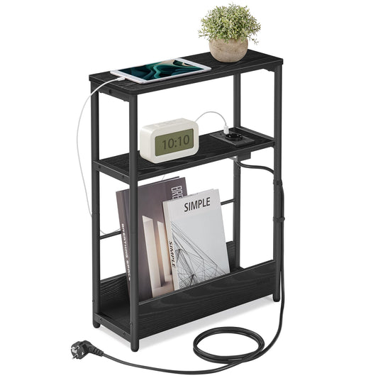 VASAGLE Narrow Side Table, Nightstand with Charging Function, Small Coffee Table, 3 Shelves, Magazine Holder, for Living Room, Bedroom, Home Office, Ebony Black-Ink Black LET335B02