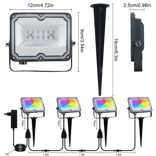 BOSITE RGB LED floodlights 10W, 4 pack, outdoor floodlights IP66 waterproof, LED garden lighting for yard, garden, tree, landscape, lawn, pathway (24V)
