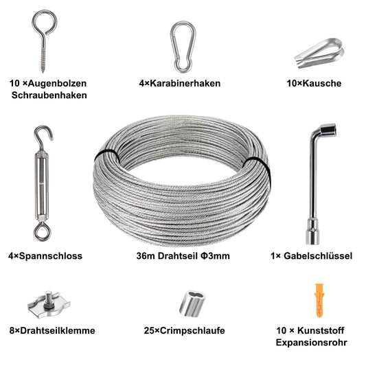 Philtool 73Pcs Wire Rope Kit, 36M Stainless Steel Wire Rope 3mm, 304 Steel Rope Encased with Eyelets Wire Rope Set for Fences, Outdoor Lights, Clothesline, Curtain Wire