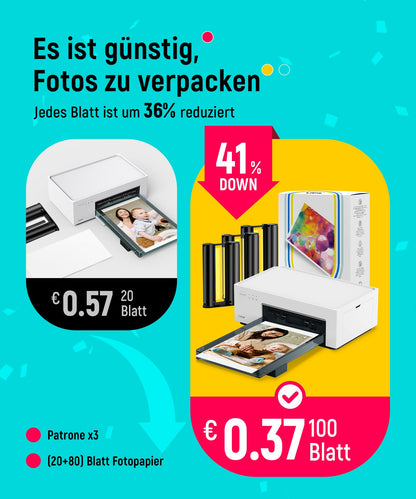 Compact photo printer for smartphone (4x6 inches) + set with 2 packs (20+80 sheets) of photo paper/cartridges, WiFi mobile photo printer for iPhone/Android/PC, 300DPI color sublimation instant photo printer, portable printer.