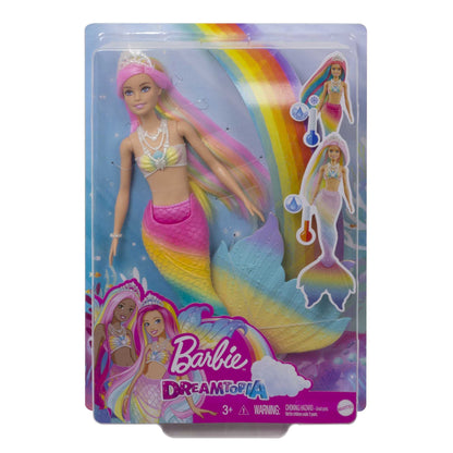 Barbie Dreamtopia Rainbow Magic Mermaid doll with rainbow hair, color-changing features activated by water, toy for ages 3 and up, great gift for girls, GTF89