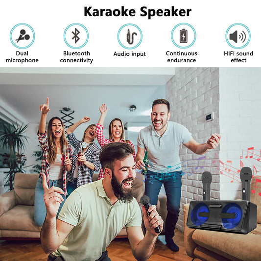 Karaoke Microphone, Portable Karaoke Machine with Bluetooth, 2 Wireless Microphones, Phone Holder, LED Light Effects, Rechargeable for Adults Kids, Supports USB TF AUX.