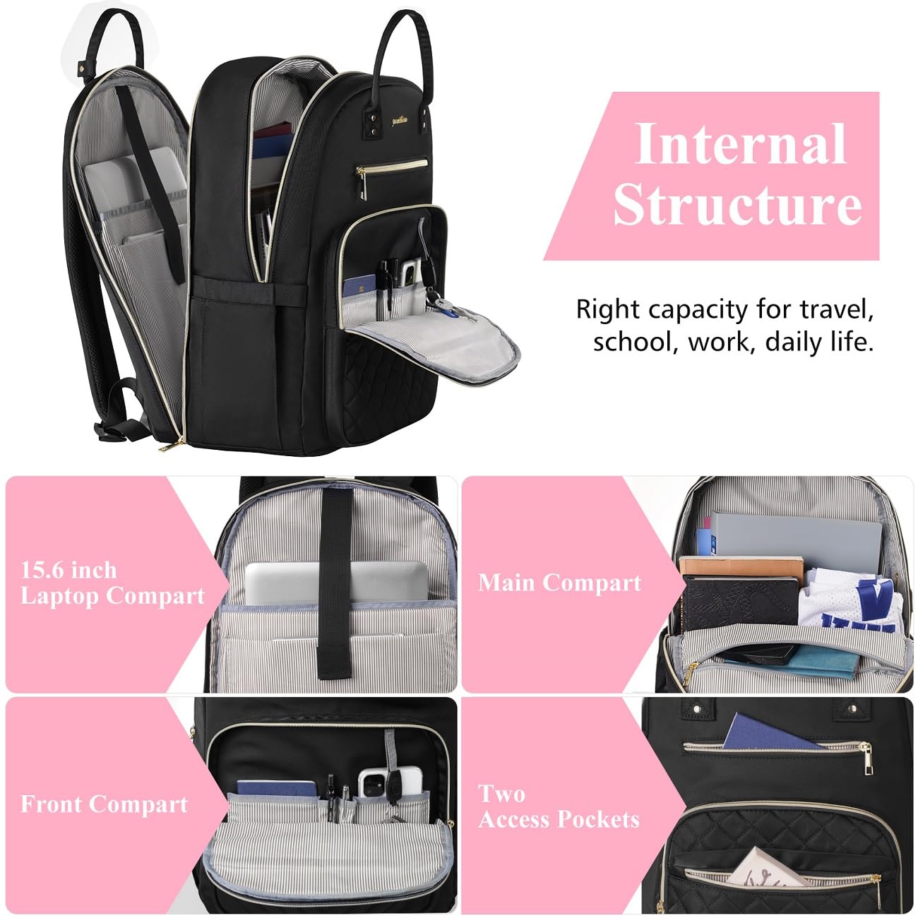 YAMTION 17.3 Inch Black Backpack for Women, School Backpack for Girls Teenagers with USB and Laptop Compartment for School University Office Work City
