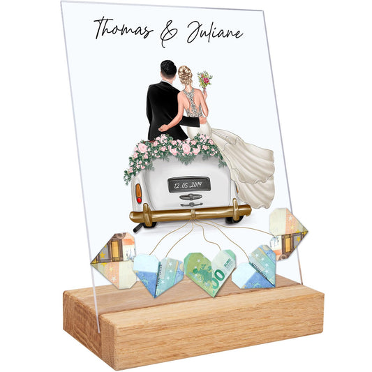 Engraved line Personalized money gift wedding - Acrylic glass with wedding car - Premium wedding gifts for bride and groom - Wedding money gifts - Wedding gift - With name and date
