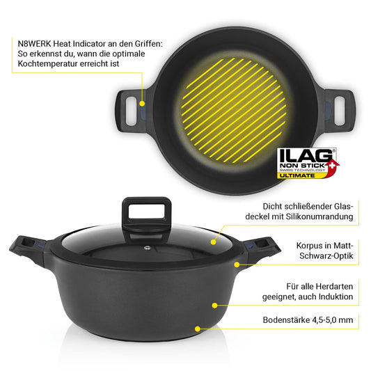 N8WERK Aluminum Cookware Set, 3x Pots ⌀20, 24, 28 cm, 1x Saucepan ⌀18 cm | Color-change temperature indicator, Lid with silicone rim, 3x Ilag Ultimate coating | Suitable for all types of stoves.