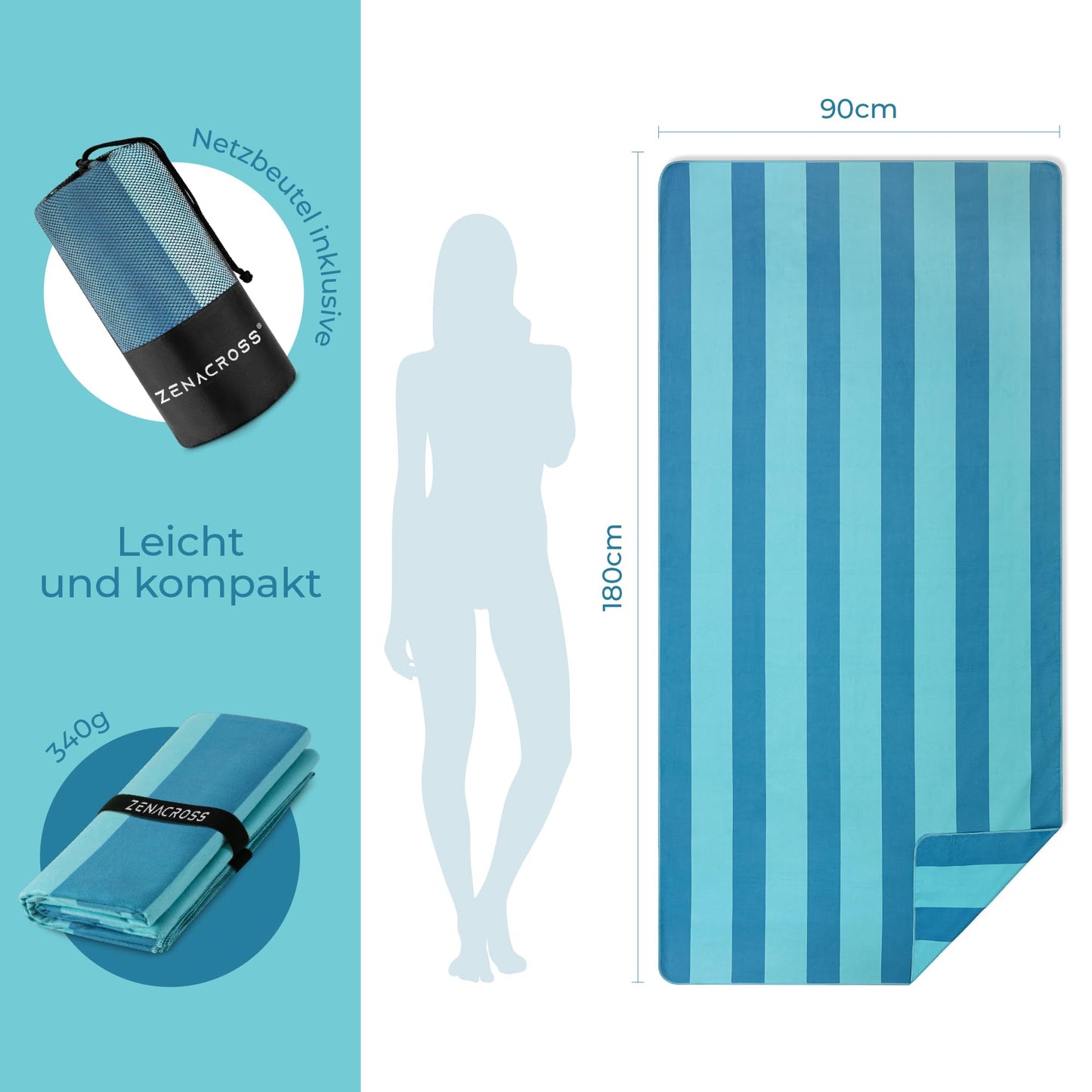 ZENACROSS - Beach towel 90x180cm - Large Microfiber Towel - Quick-drying - Sand-free Microfiber Bath Towel - Lightweight and Compact Beach Towel - Turquoise & Blue