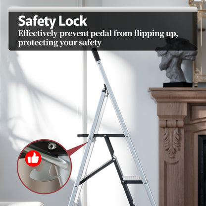 KINGRACK Folding Step Ladder, 5 Steps, with Handrail, Non-Slip Household Ladder, Locking Mechanism, Aluminum Step Stool, Max Load 150 kg.