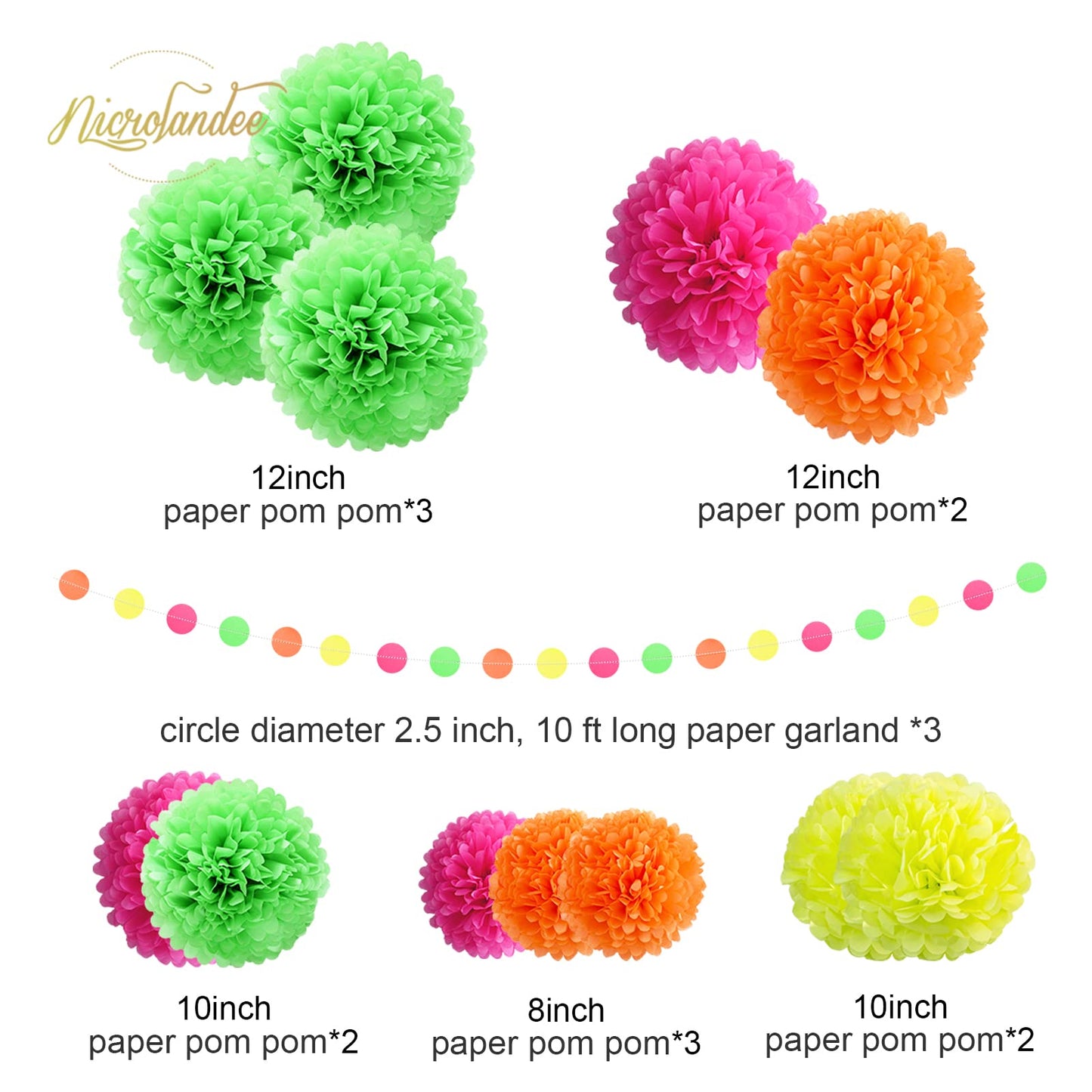 NICROLANDEE Neon Tissue Paper Pom Poms and Dots Paper Garland, Blacklight Party Decorations 15 Pieces, Party Decor for Wedding, Prom, Birthday, Garden Party.