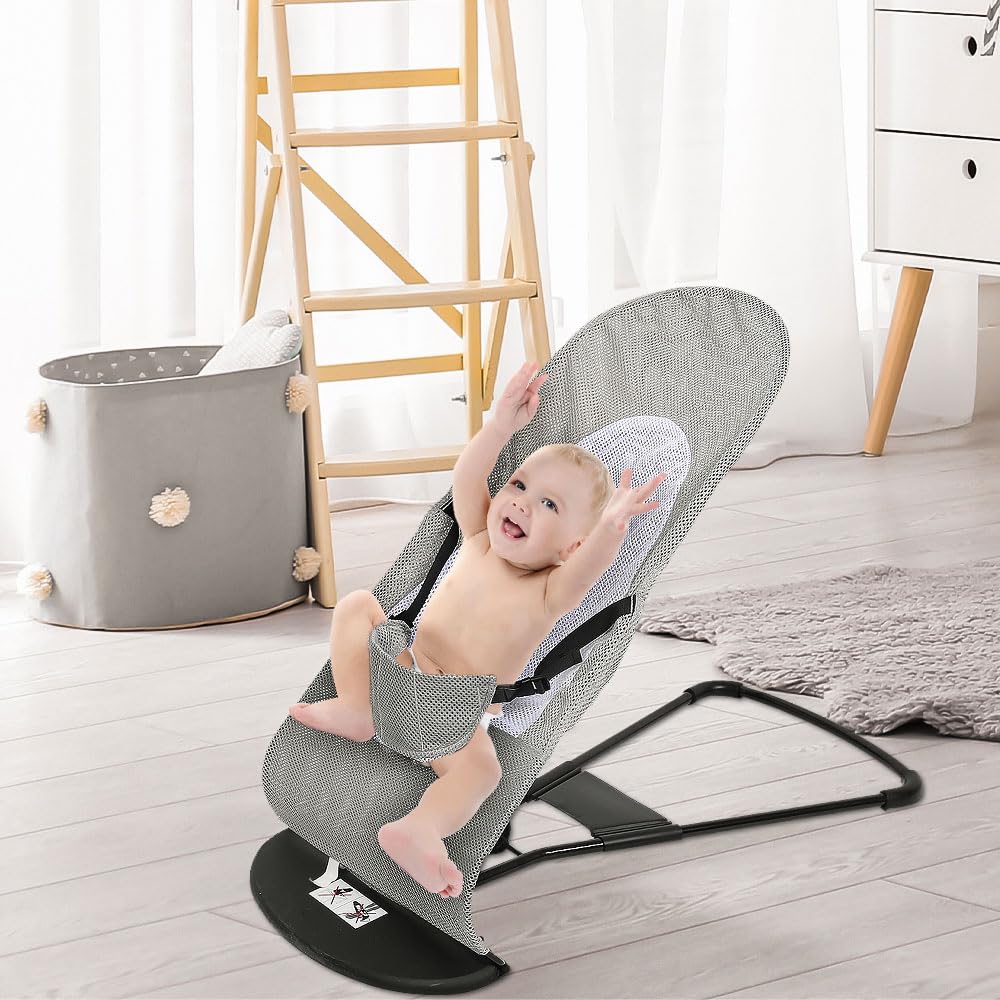 Baby bouncer MIMI, ergonomic design for newborns to toddlers, adjustable backrest, soft breathable fabric, foldable, suitable for babies 2.5kg - 10kg (Gray)