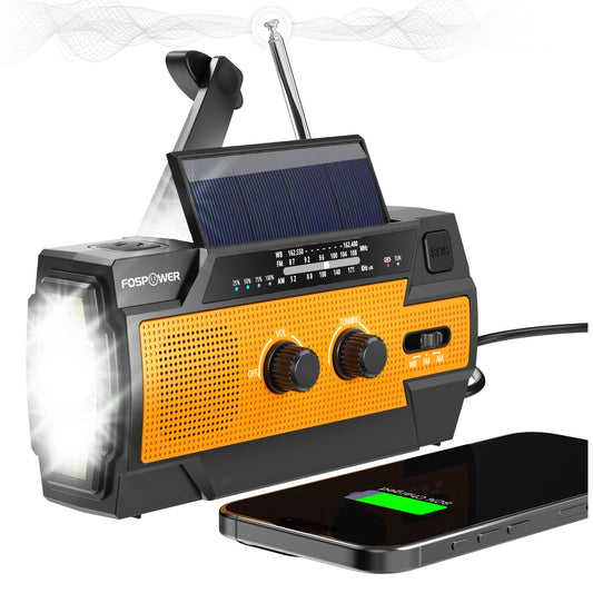 FosPower - Crank Radio NOAA/AM/FM with 14800mWh (4000mAh) Portable Power Bank - USB, Solar, Hand Crank & Battery Powered - SOS Alarm & Flashlight for emergencies indoors & outdoors.