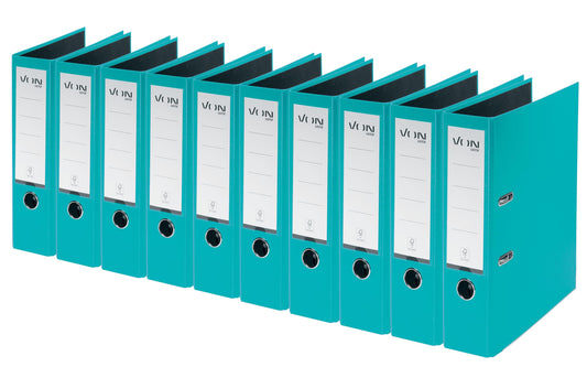 From Leitz: A4 Lever Arch File, 10 pack, Cardboard with Plastic Cover, 80mm Spine Width, Holds 600 Sheets, Blue Angel & FSC Certified, for School, College & Home Use, Turquoise, 10550052.
