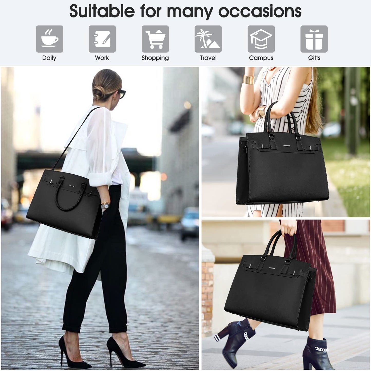 IGOLUMON women's handbag shopper large black laptop bag 15.6 inch PU leather shoulder bag waterproof for business office work teacher bag school