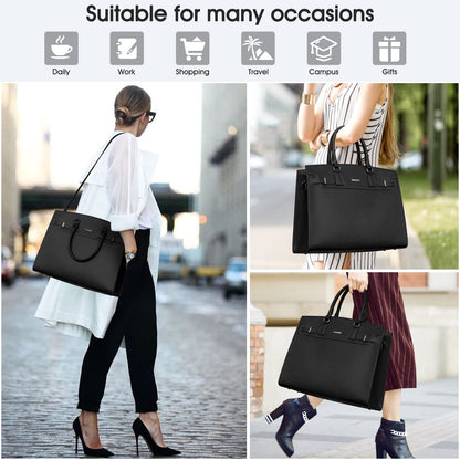 IGOLUMON women's handbag shopper large black laptop bag 15.6 inch PU leather shoulder bag waterproof for business office work teacher bag school