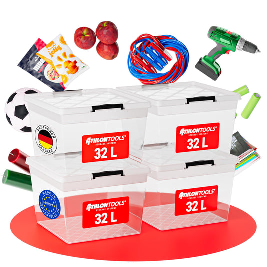 ATHLON TOOLS 4x 32 L Storage Boxes with Lid, food-safe - Closure Clips - 100% New Material Plastic Box transparent - Stackable Clothing Boxes…