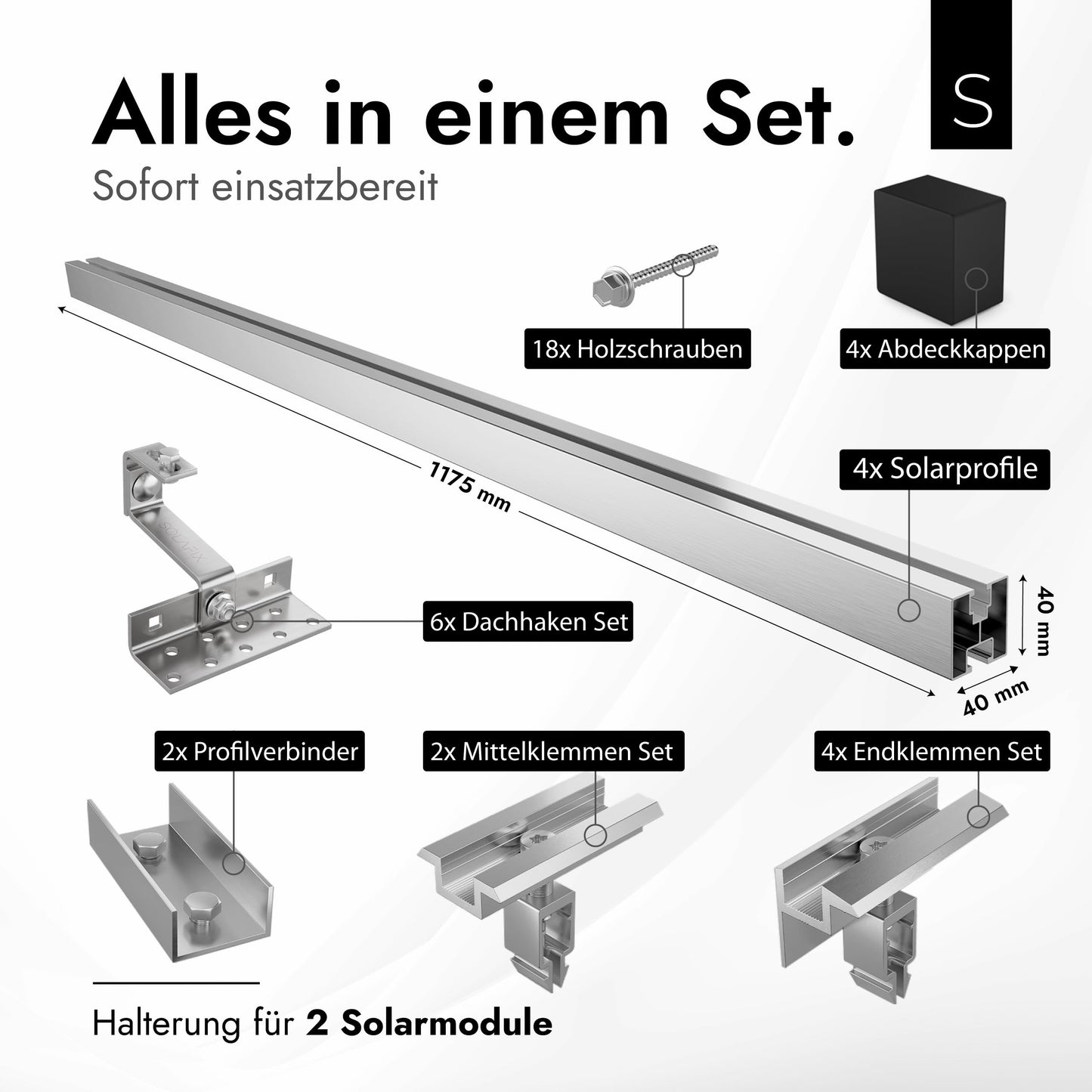 SOLAFIX® Balcony Solar Panel Mounting Kit for Tile Roof - Roof Mount Set for 2 Solar Panels 30-40 mm Frame Height - Solar Mount for Tile Roof with EASY-CLICK Clamps & Height-Adjustable Roof Hooks