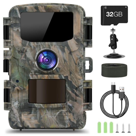 Nigecue 4K 40MP wildlife camera with motion sensor night vision, 32GB memory card, 0.2s trigger speed, IP66 waterproof 120° wide angle for wildlife monitoring.