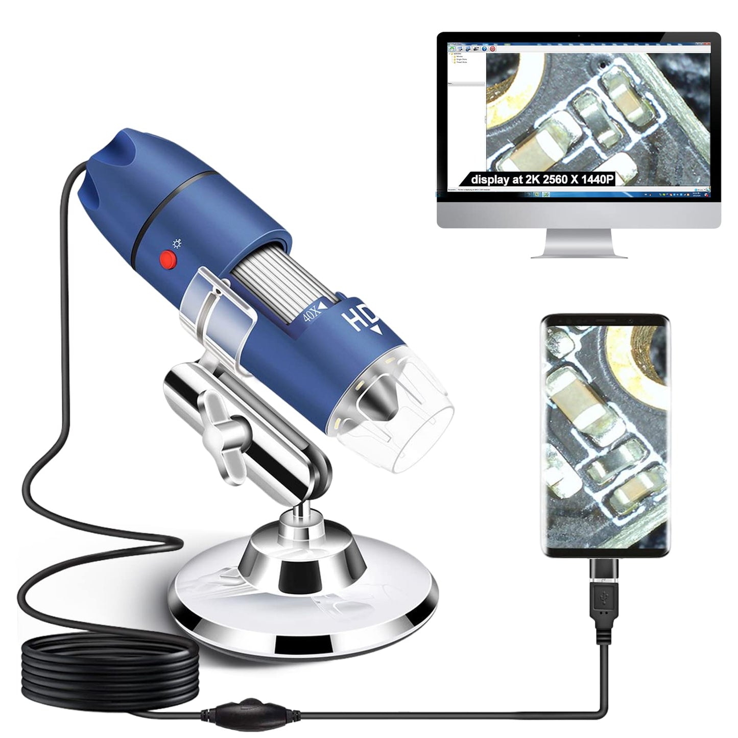 Ninyoon 2K USB Digital Microscope for Android PC, 40-1000X Microscope Super HD Endoscope Magnifier Camera Compatible with Android Phone and Tablet Windows Mac Chrome Linux - Not for iPhone iPad