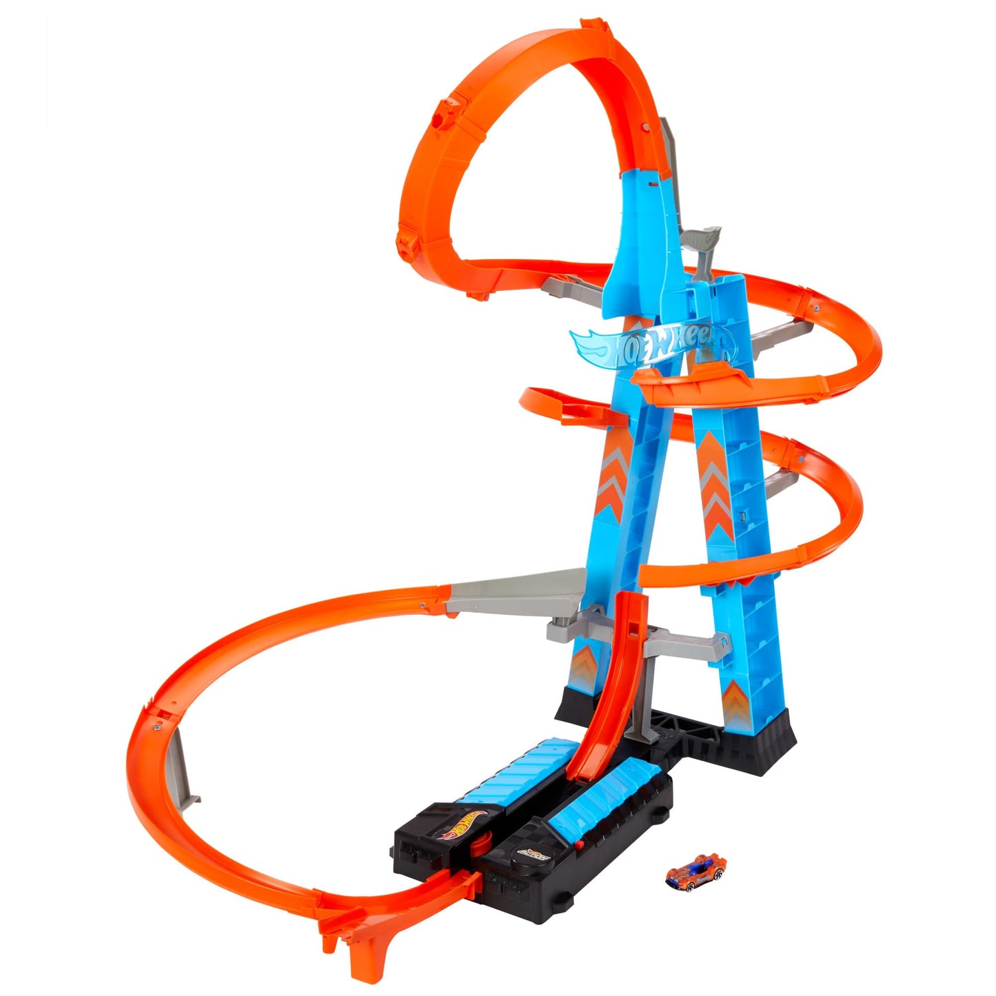 Hot Wheels GJM76 - Sky Crash Tower 83 cm tall with battery-powered accelerator and looping, gift for kids aged 5+.