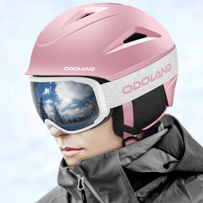 Odoland ski helmet with ski goggles for skiing and snowboarding, adjustable size, with ear flaps for men, women, and teenagers.
