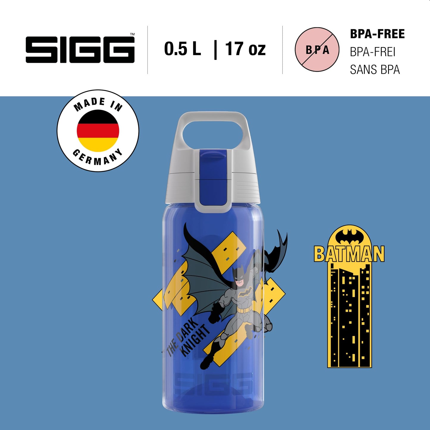 SIGG - Kids Water Bottle - Viva One - Batman - Suitable for Carbonated Drinks - Leak-proof - Dishwasher Safe - BPA Free - Sports & School - Blue - 0.5L