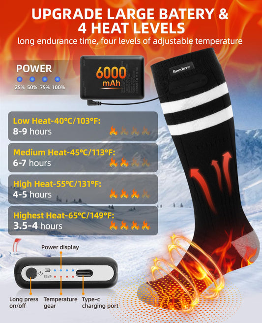 6000mAh Heated Socks, 2024 Latest Heated Socks for Women Men, 4 Heating Levels Rechargeable Electric Heated Socks, Heated Socks with Battery for Skiing, Outdoor, Camping, Fishing, Hiking