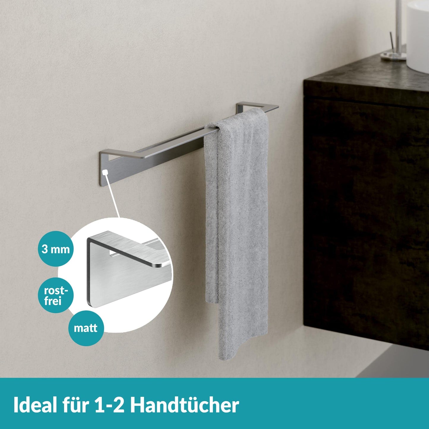 Wall-mounted towel holder without drilling - 45cm - Stainless steel towel bar for the bathroom - Self-adhesive