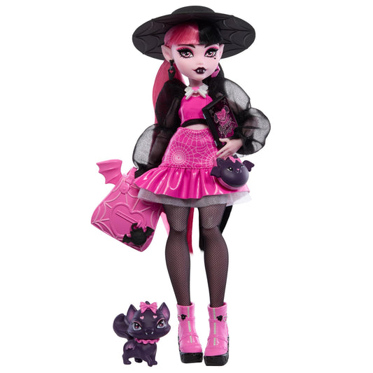 Monster High Draculaura doll with her pet, the bat cat Count Fabulous, and accessories like backpack, spellbook, bento box, and more, HRP64