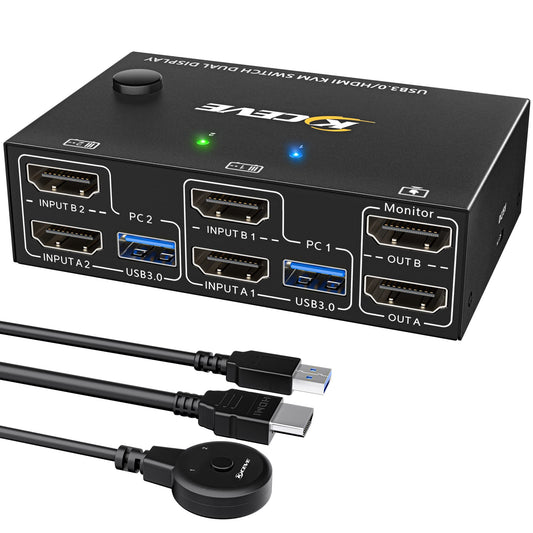 YOUTINGHDAV USB 3.0 HDMI KVM Switch 2 PC 2 Monitors, EDID Emulator, 4K@60Hz, HDMI 2.0, Dual Monitor KVM Switch 2 Monitors Share Wireless Keyboard, Mouse, Wired Remote, and 4 Cables